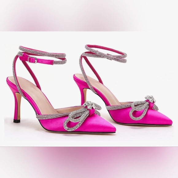 Shoes - Hot Pink Double Bow Pointed Toe Ankle Strap Crystal Pumps- Size 8.5 NWOT